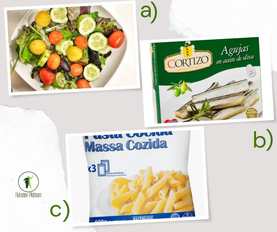 Ensalada de lechuga y tomate de colores con agujas en conserva y bolsita de macarrones.